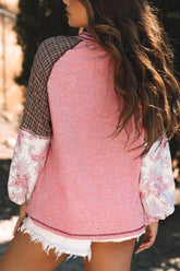 Plaid Floral Patchwork Round Neck Long Sleeve Top OutfitFlow